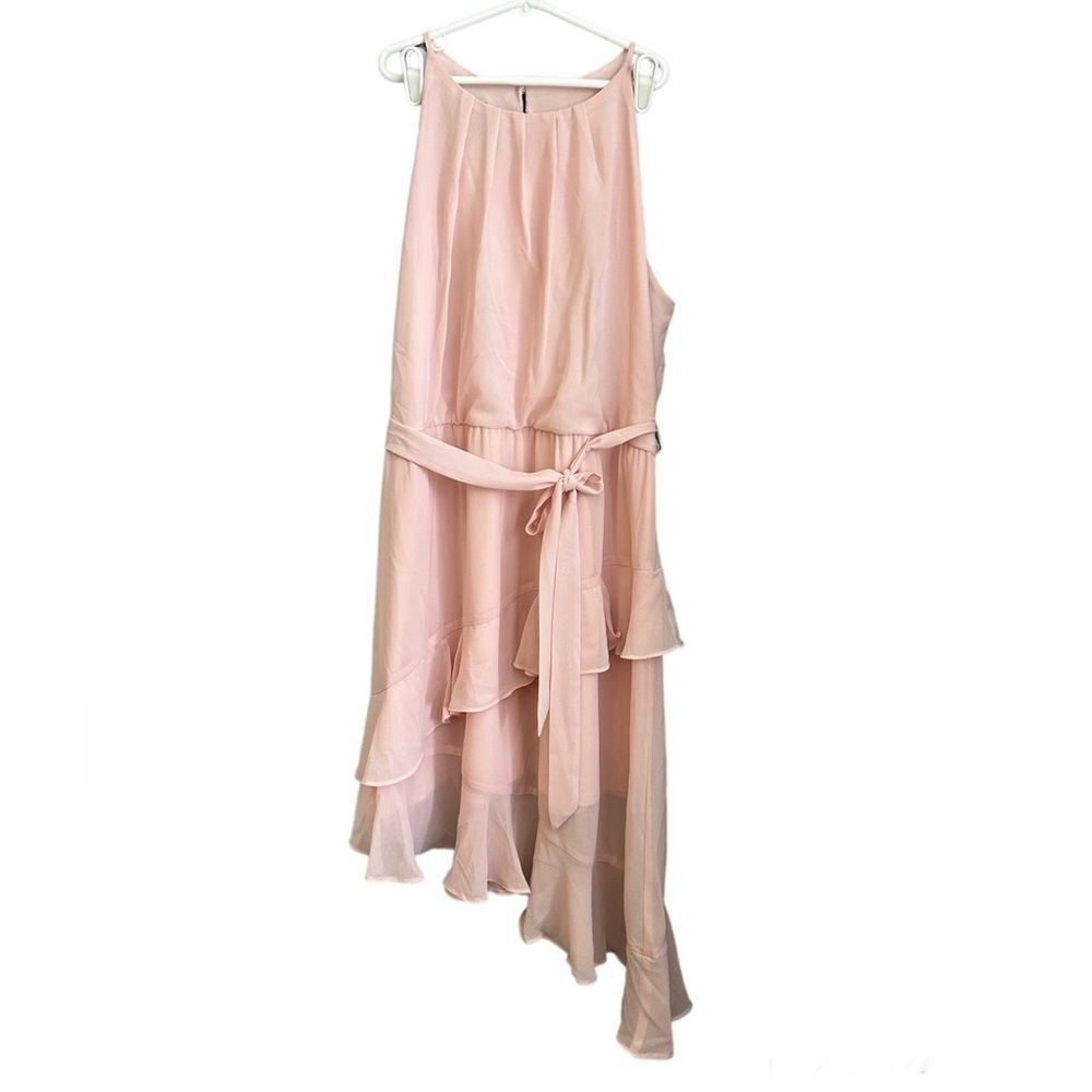 By & By Peach Sheer Overlay Asymmetrical Ruffle Sleeveless Plus Size Dress 18.5